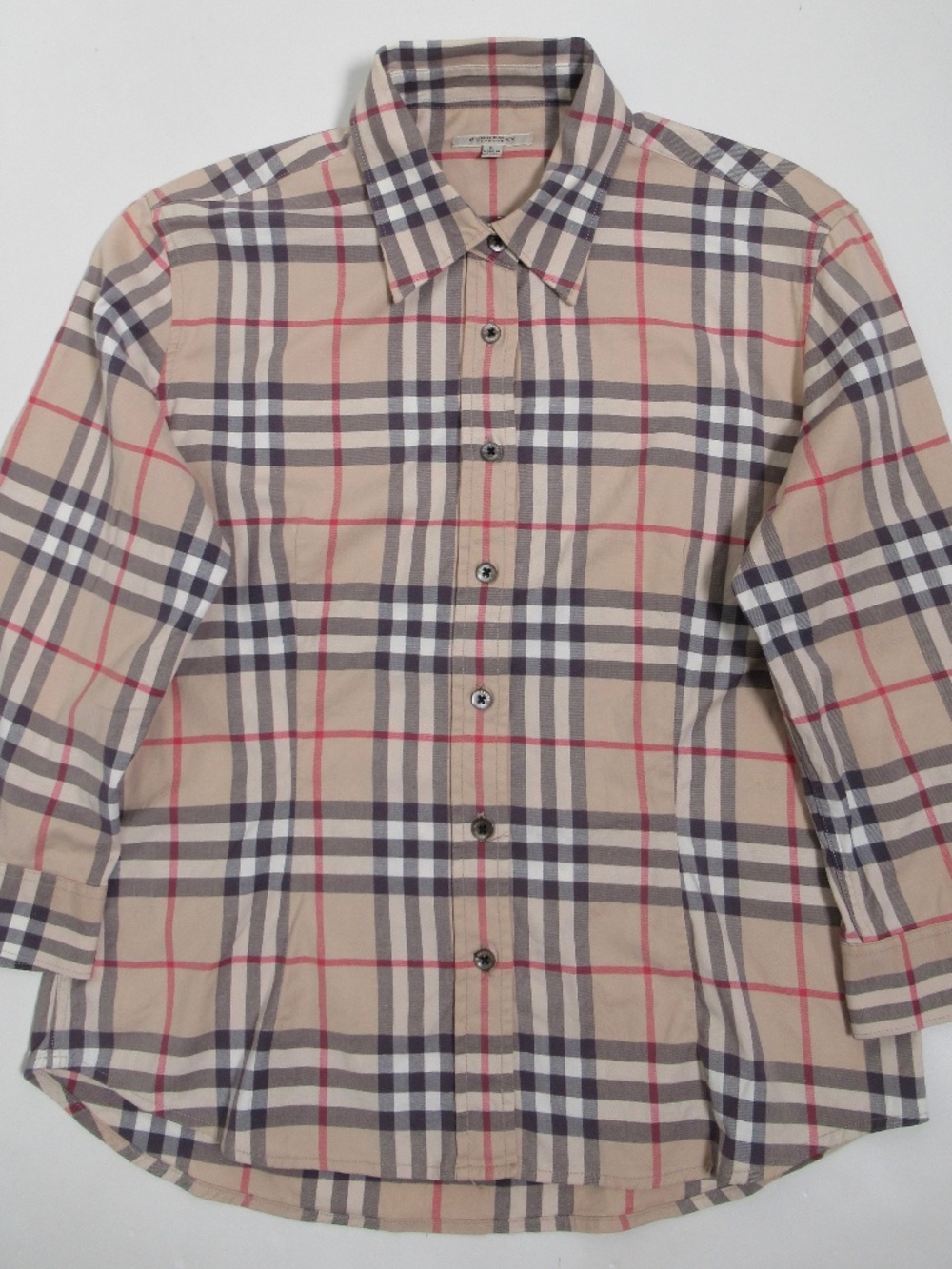 Burberry Women's Plaid Print Three-Quarter Sleeve Button-Up Top Archive Beige L